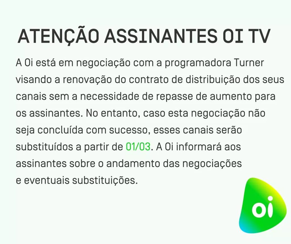 Comunicado da Oi TV para seus assinantes (Reprodução/Oi TV)