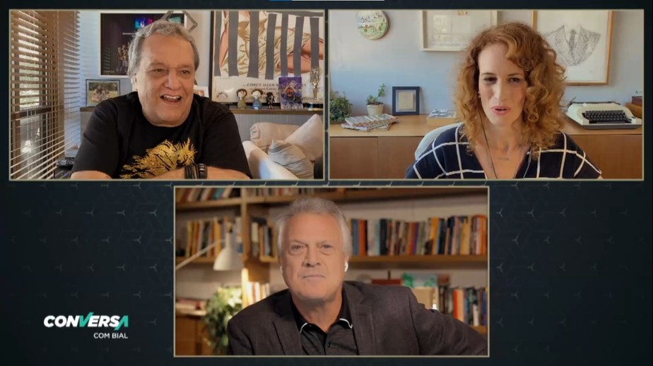 Dennis Carvalho e Mariana Vielmond com Pedro Bial
