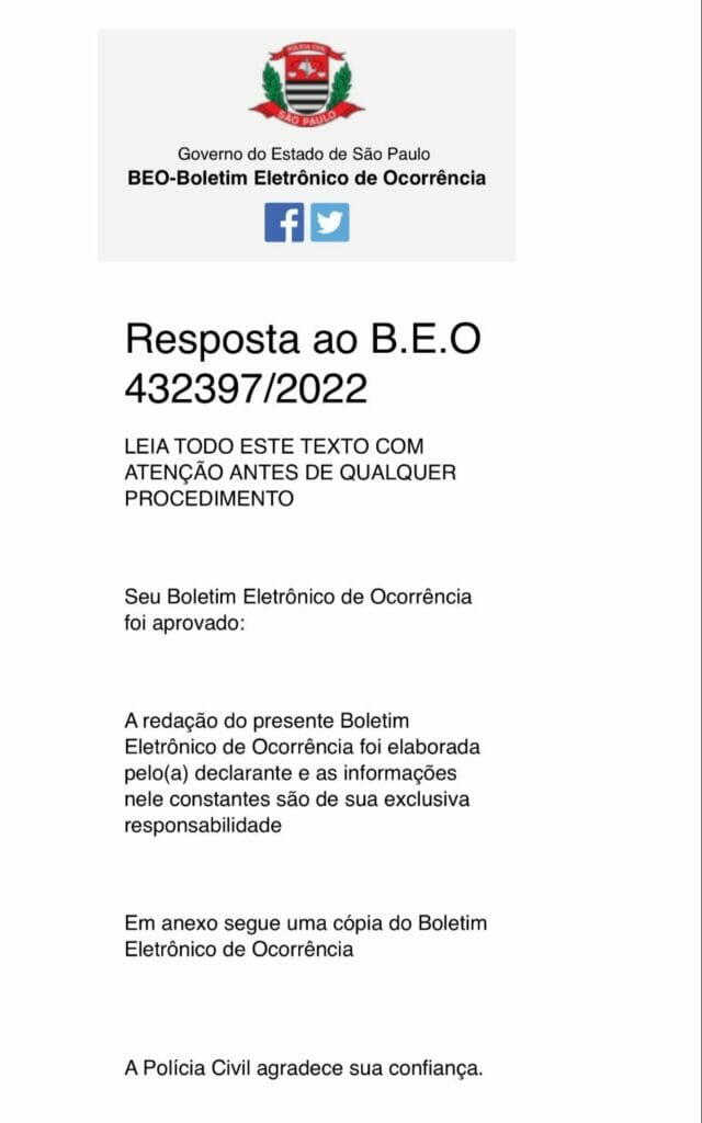 Boletim de Ocorrência do episódio de transfobia a Gabriella Bueno