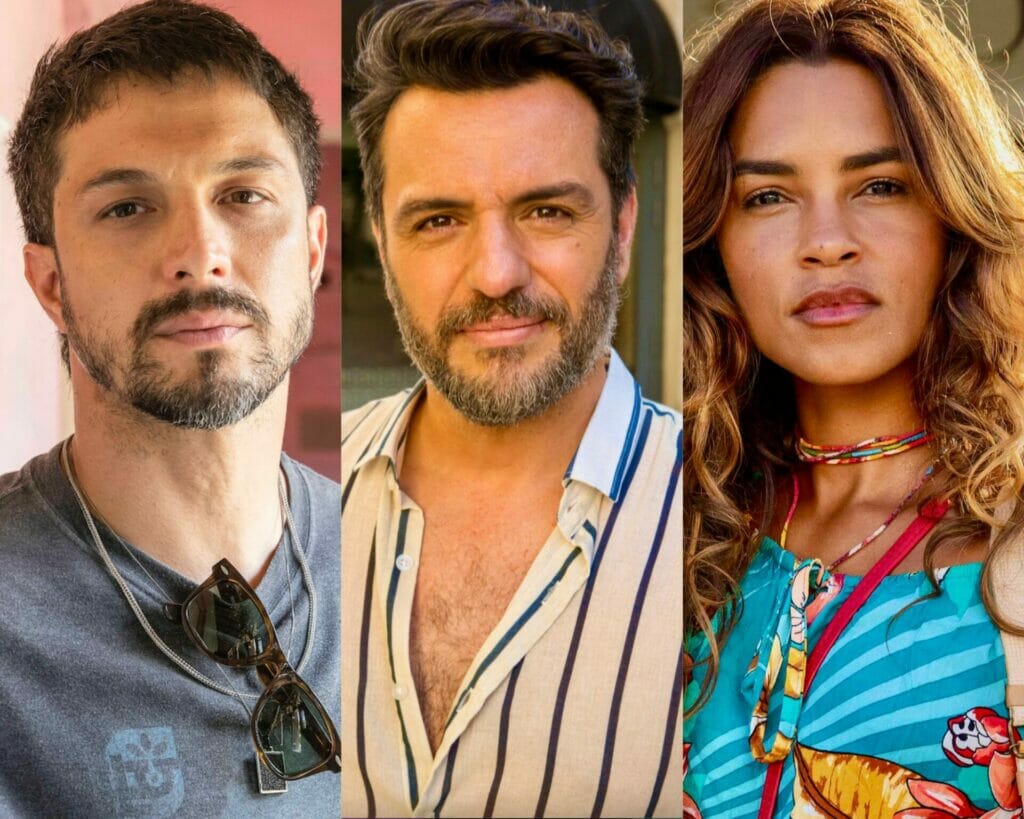 Oto (Romulo Estrela), Moretti (Rodrigo Lombardi) e Brisa (Lucy Alves) em Travessia
