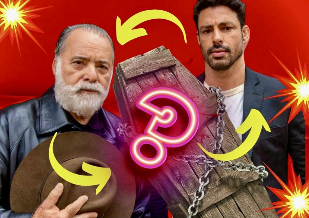 Antônio (Tony Ramos) e Caio (Cauã Reymond) em Terra e Paixão