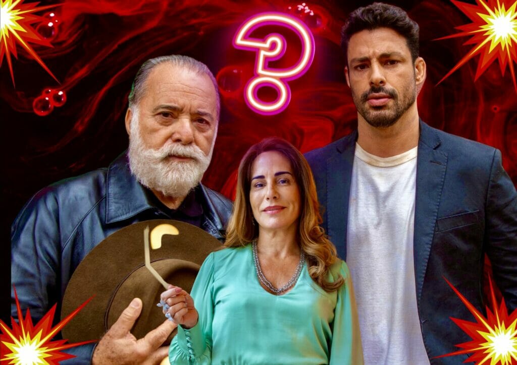 Caio (Cau&atilde; Reymond), Ant&ocirc;nio (Tony Ramos) e Irene (Gloria Pires) em Terra e Paix&atilde;o
