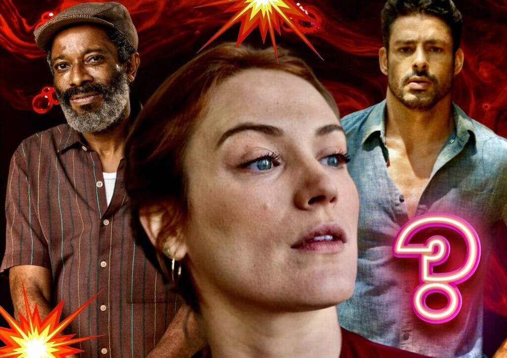 Caio (Cau&atilde; Reymond), Gentil (Fl&aacute;vio Bauraqui) e Agatha (Bianca Bin) em Terra e Paix&atilde;o