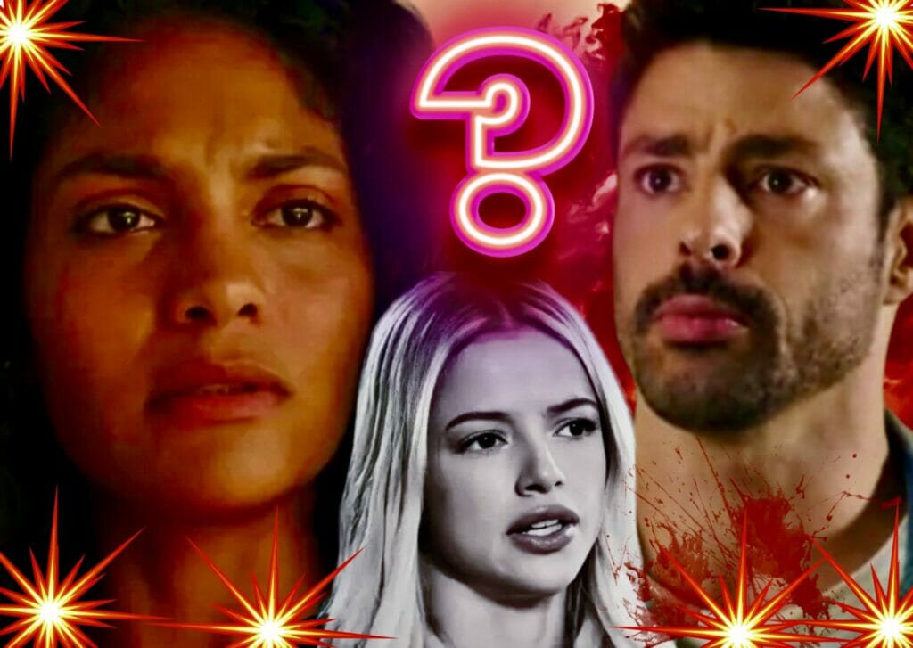 Aline (Barbara Reis), Graça (Agatha Moreira) e Caio (Cauã Reymond) de Terra e Paixão
