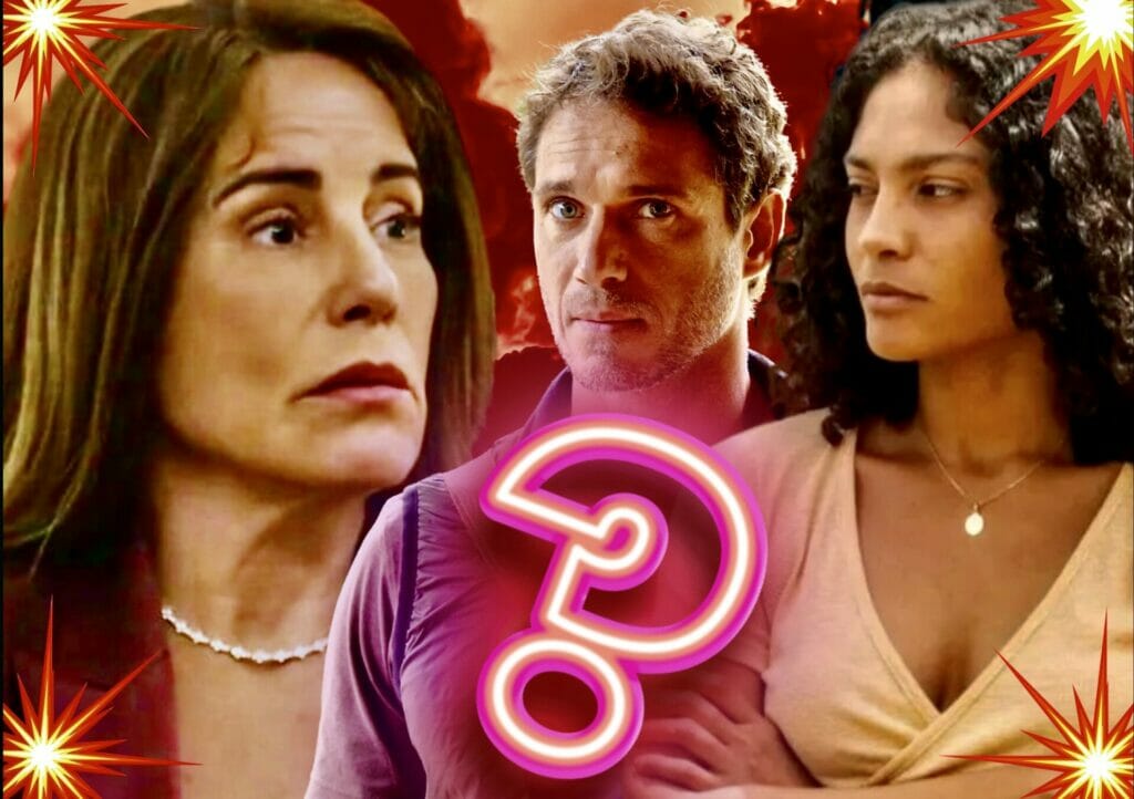 Aline (Barbara Reis), Vinícius (Paulo Rocha) e Irene (Gloria Pires) em Terra e Paixão