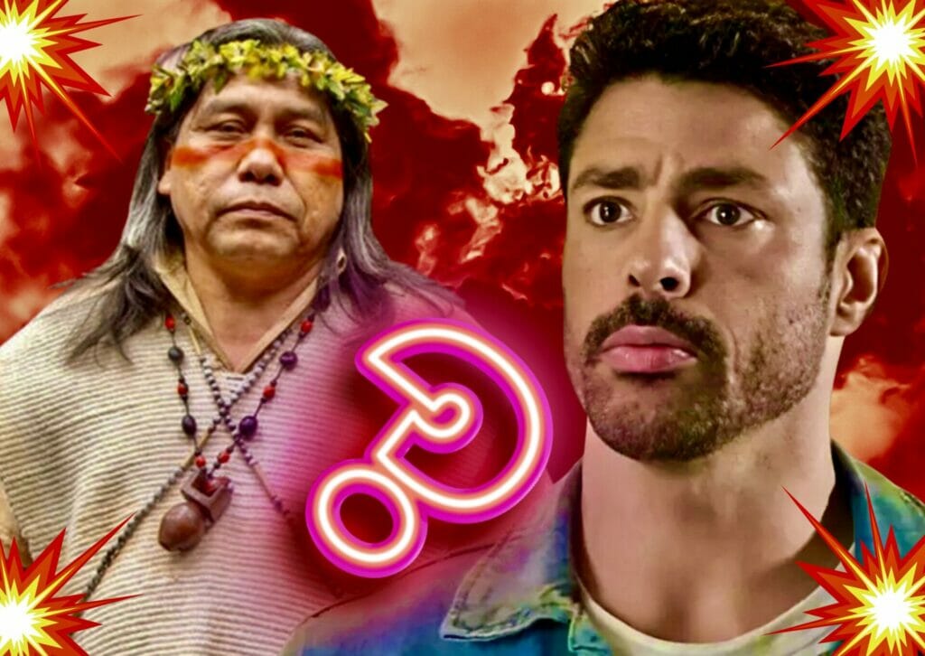 Jurecê (Daniel Munduruku) e Caio (Cauã Reymond) em Terra e Paixão