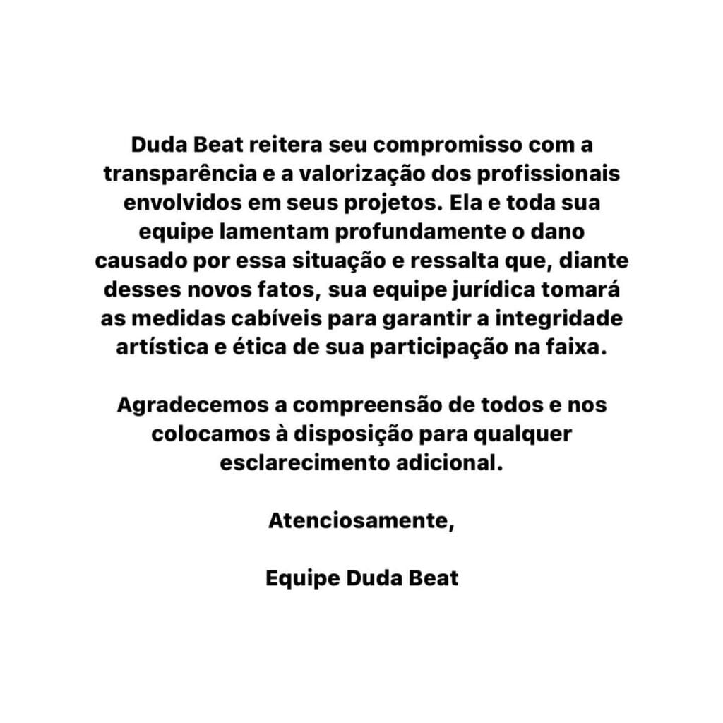 Nota de Duda Beat sobre a acusação de plágio de AmarElo
