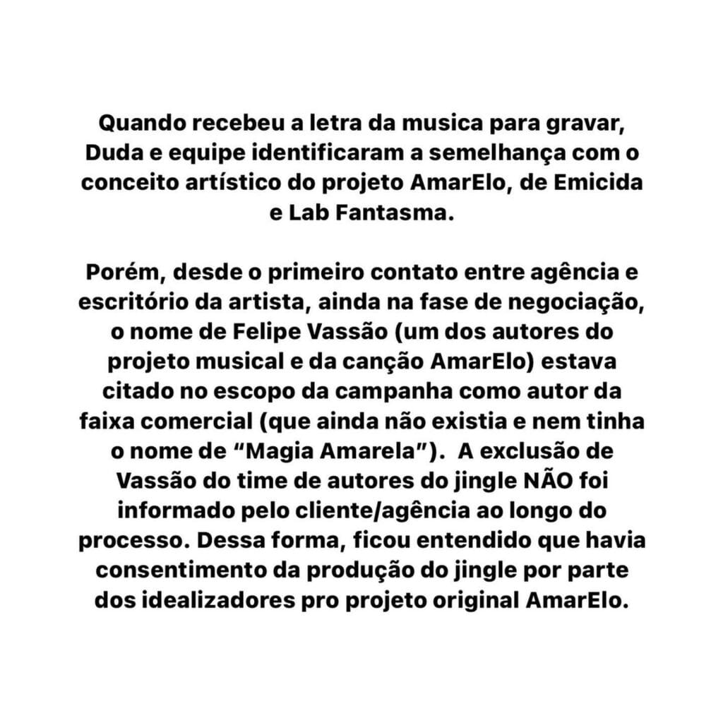 Nota de Duda Beat sobre a acusação de plágio de AmarElo