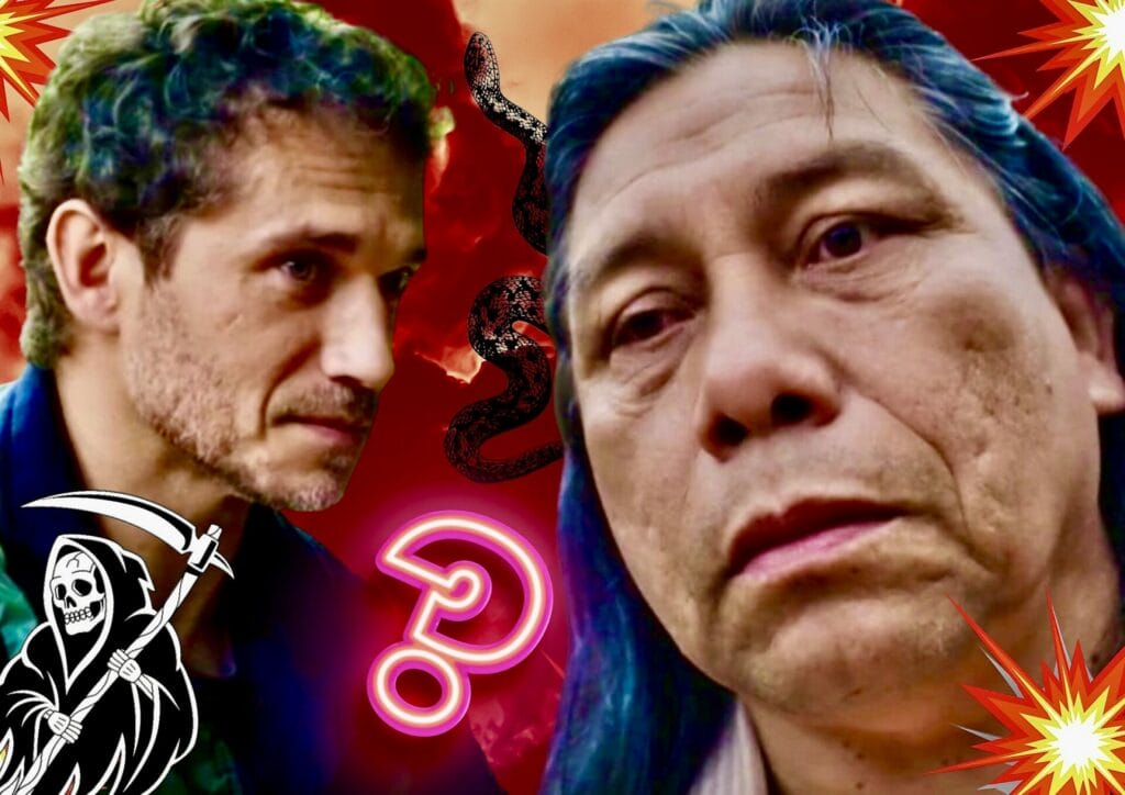 Jurec&ecirc; (Daniel Munduruku) e Vin&iacute;cius (Paulo Rocha) em Terra e Paix&atilde;o